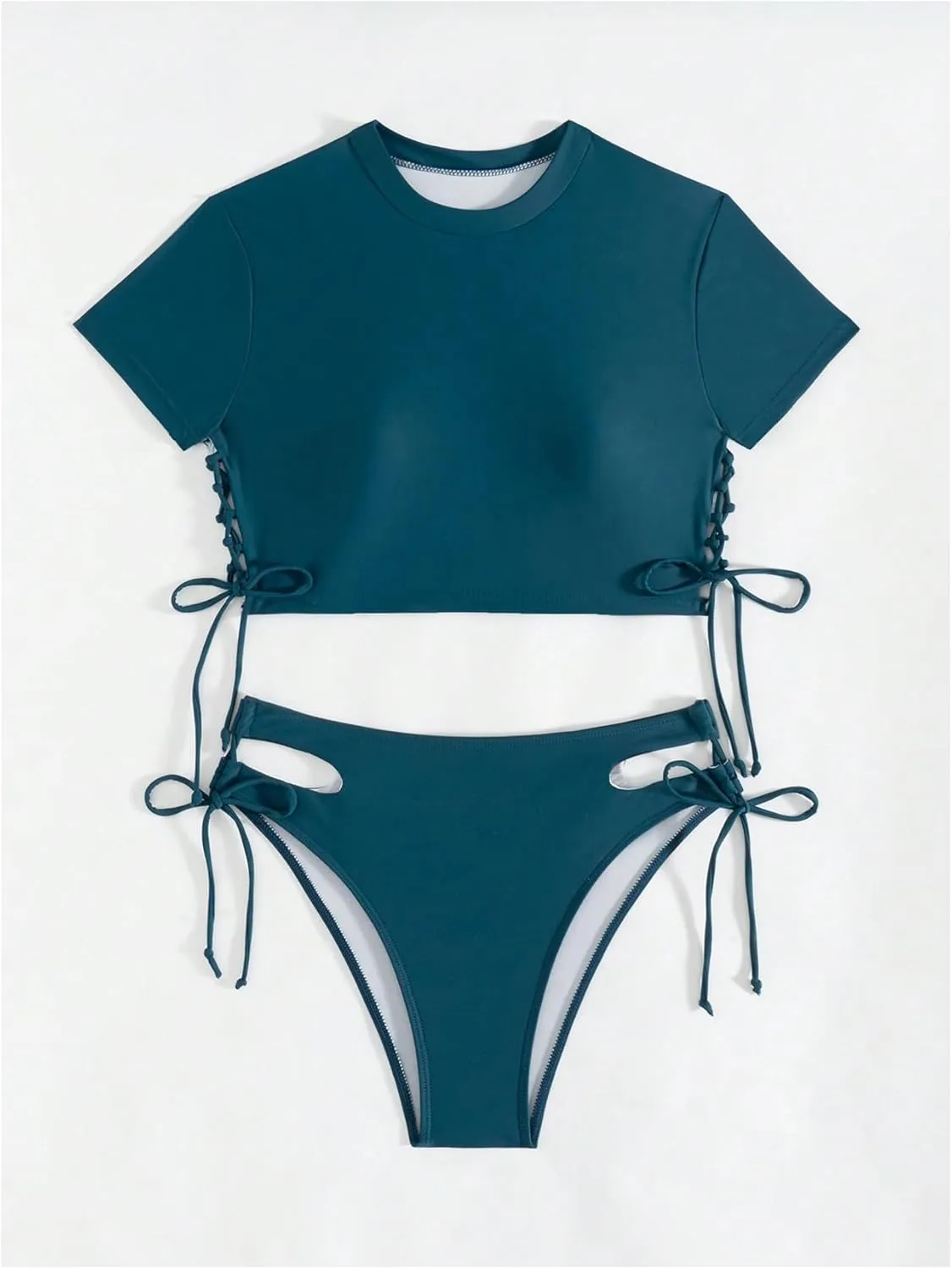 SweatyRocks Women's 2 Piece Rash Guard Swimsuit Drawstring Cut Out Short Sleeve Bikini Set