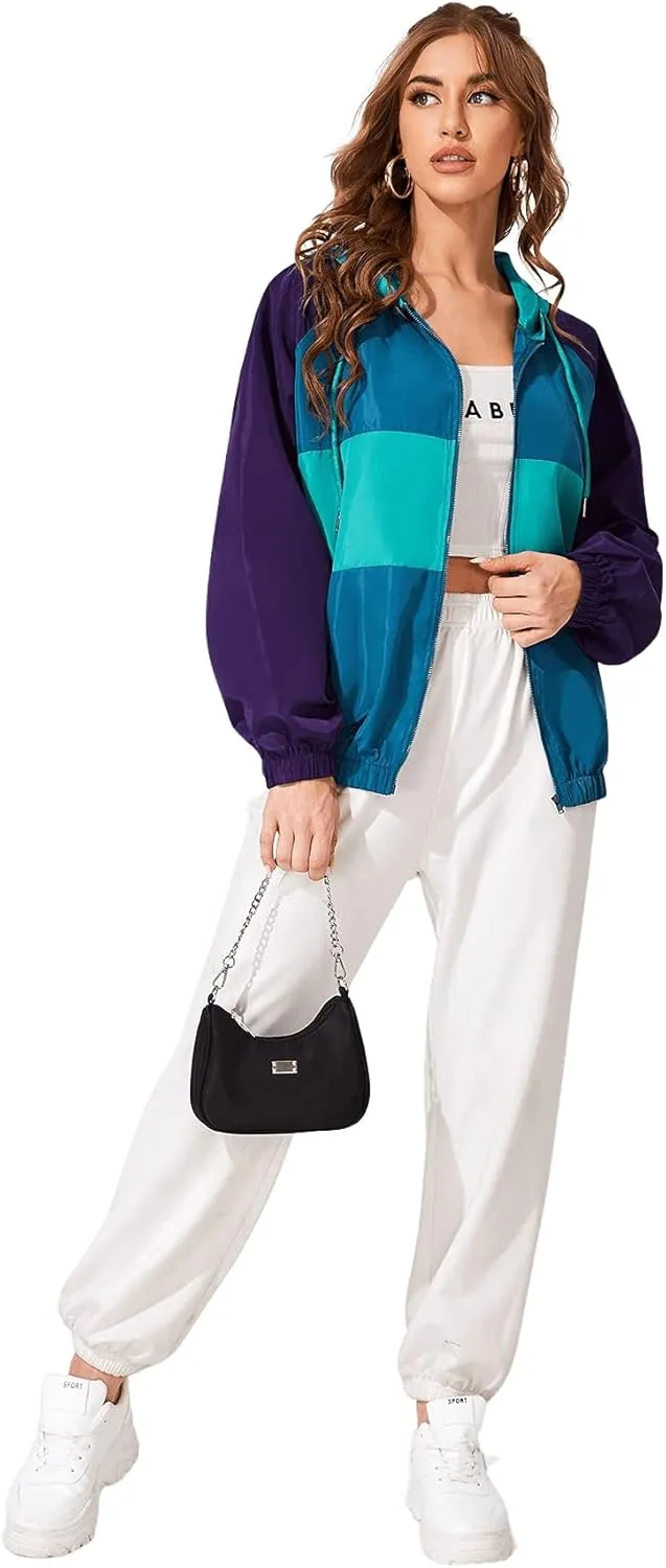 SweatyRocks Women's Lightweight Windbreaker Patchwork Zipper Sport Jacket Coat Outerwear