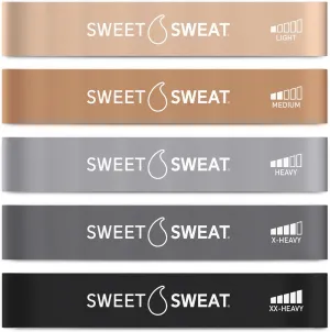 Sweet Sweat Mini Loop Resistance Bands - Set of 5 | Exercise Hip Booty Bands for Squats, Lunges, Physical Therapy, Yoga, Pilates, Rehab and Home Workout | Non-Latex Elastic Bands Includes Carry-Bag