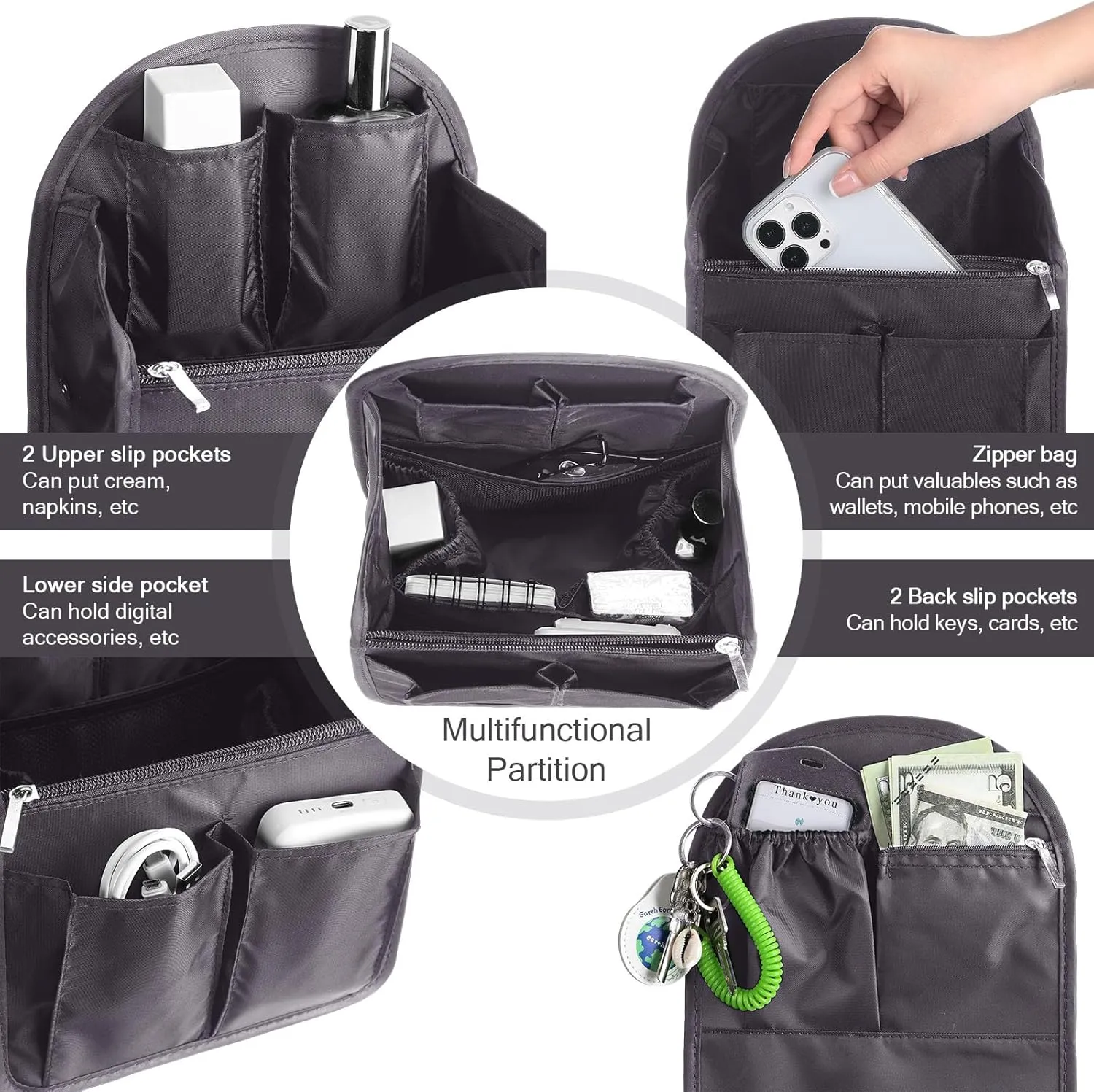 Sweetude 2 Pcs Mini Backpack Organizer Insert 7.9 x 4.8 x 11 Inch Small Shoulder Bag Divider for Rucksack Handbag Shoulder Bag Purse(Black, Gray)