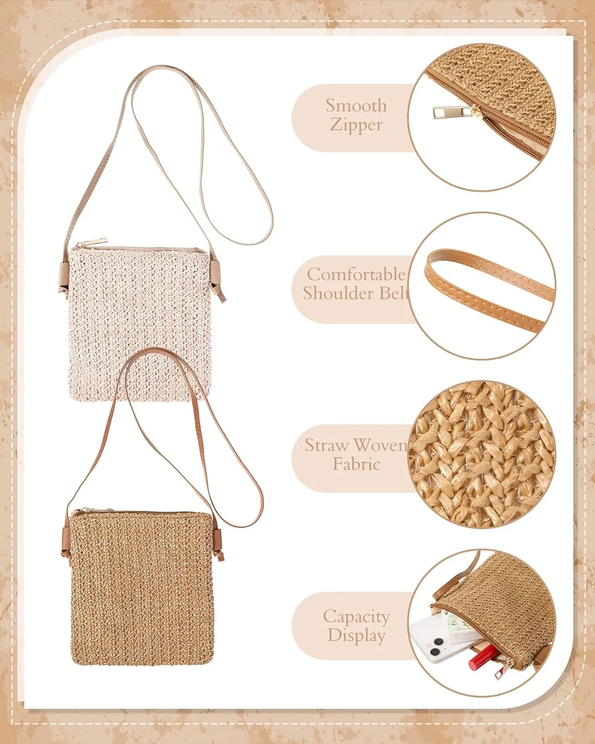 Sweetude 2 Pcs Straw Beach Bag for Women Summer Woven Straw Purse Cute Shoulder Crossbody Handbags for Women