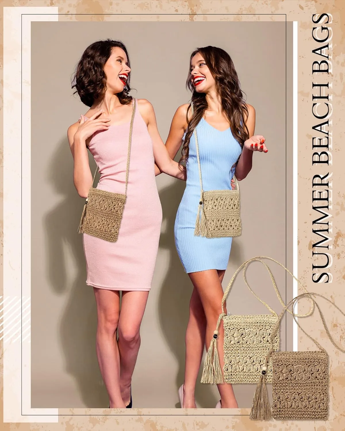 Sweetude 2 Pcs Straw Beach Bag for Women Summer Woven Straw Purse Cute Shoulder Crossbody Handbags for Women