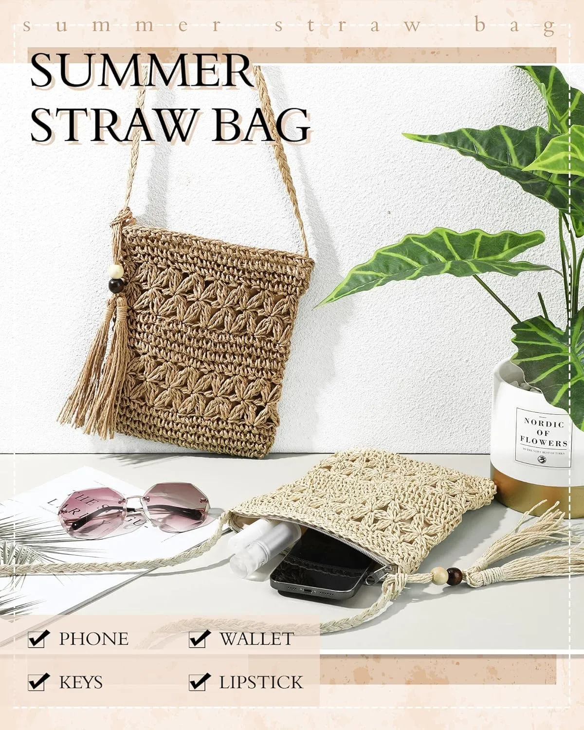 Sweetude 2 Pcs Straw Beach Bag for Women Summer Woven Straw Purse Cute Shoulder Crossbody Handbags for Women