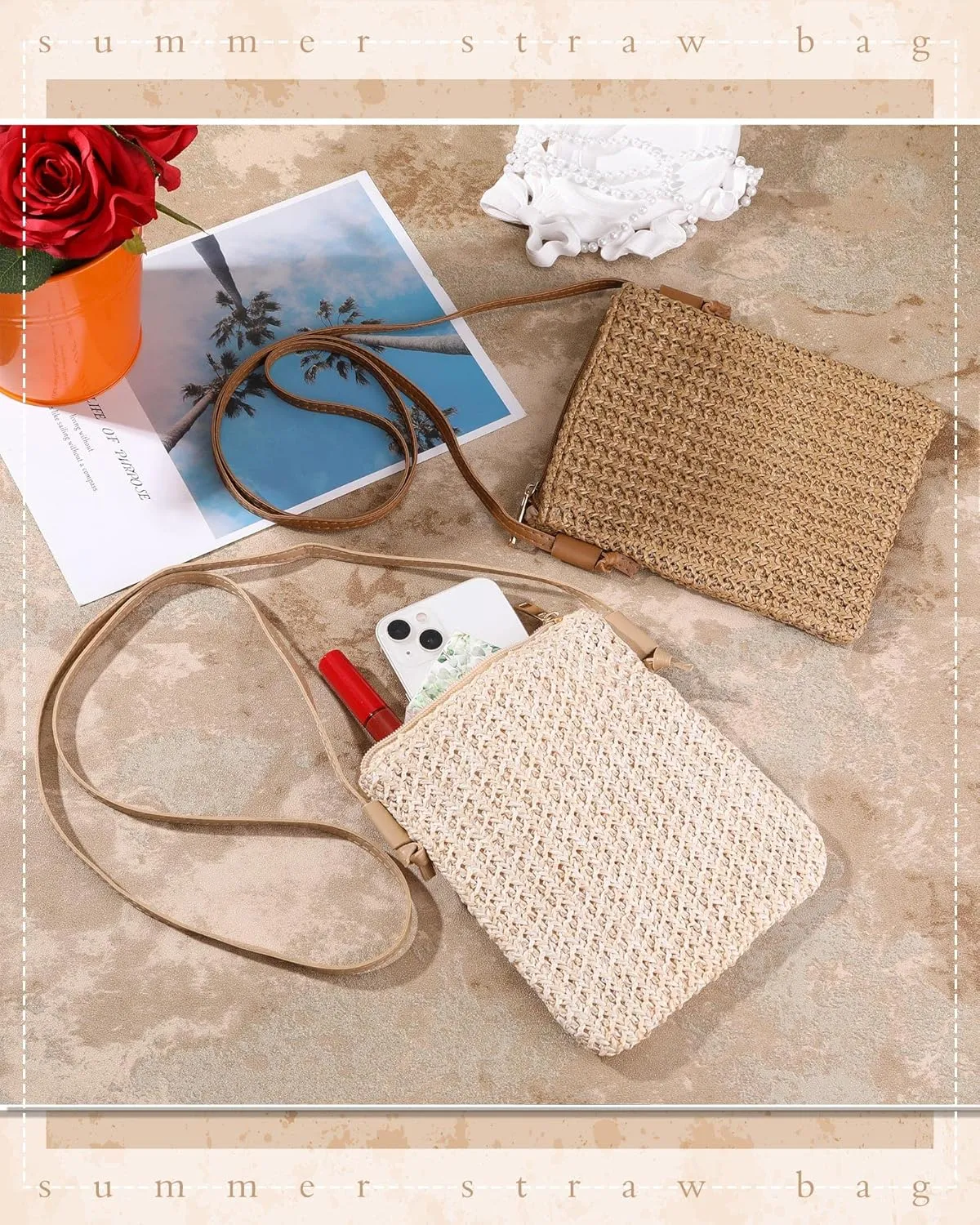 Sweetude 2 Pcs Straw Beach Bag for Women Summer Woven Straw Purse Cute Shoulder Crossbody Handbags for Women