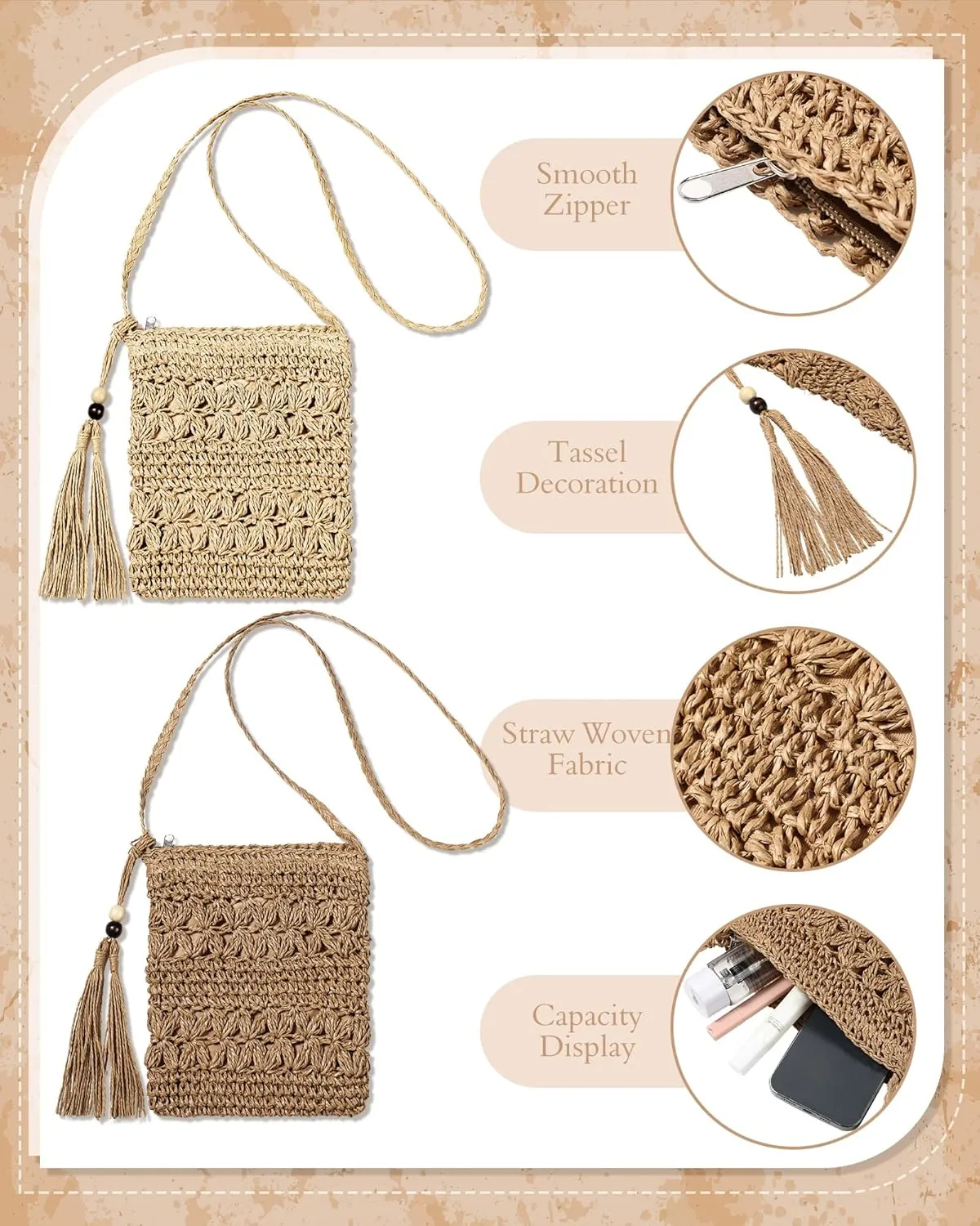 Sweetude 2 Pcs Straw Beach Bag for Women Summer Woven Straw Purse Cute Shoulder Crossbody Handbags for Women