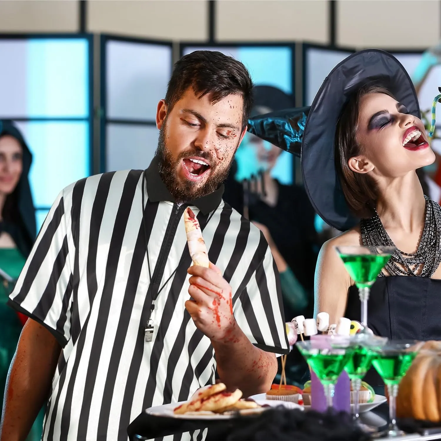 Syhood Men's Referee Shirt Stripe Umpire Jersey, Penalty Flag and Whistle for Football Soccer Sports and Halloween Cosplay