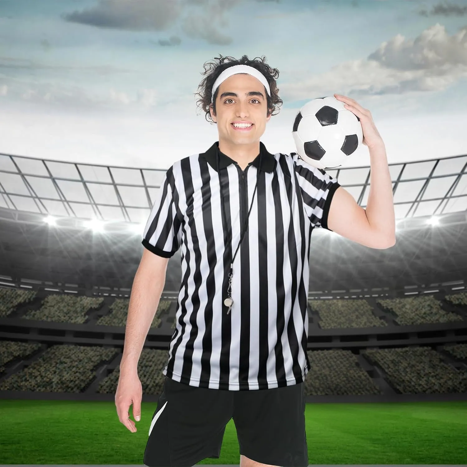 Syhood Men's Referee Shirt Stripe Umpire Jersey, Penalty Flag and Whistle for Football Soccer Sports and Halloween Cosplay