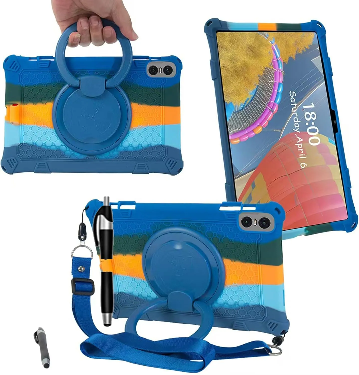 Tablet Case for Teclast T50 Pro 11 inch Soft Anti-Stress Silicone Case with 360° Rotate Stand/Pencil Holder/Shoulder Strap/Pen for Teclast T50 Pro (Colorful Blue)