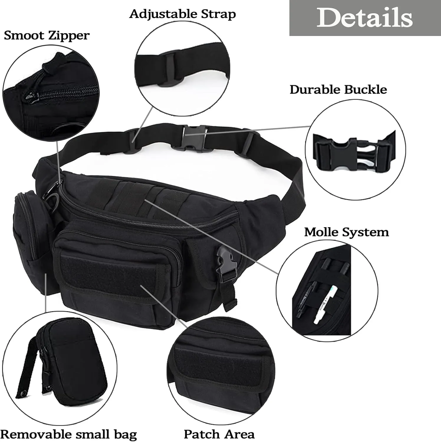 Tactical Fanny Packs, Military Waist Bag Utility Hip Belt Bags for Hiking Climbing Fishing Cycling Hunting with U.S Patch (Black)