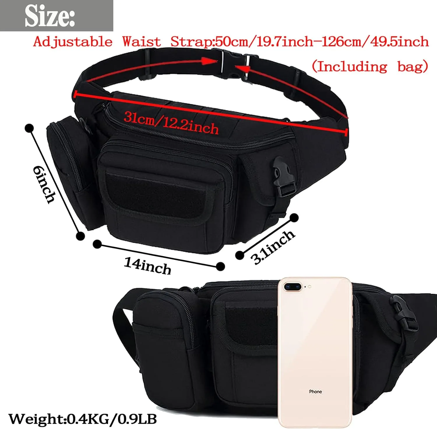 Tactical Fanny Packs, Military Waist Bag Utility Hip Belt Bags for Hiking Climbing Fishing Cycling Hunting with U.S Patch (Black)