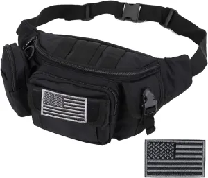 Tactical Fanny Packs, Military Waist Bag Utility Hip Belt Bags for Hiking Climbing Fishing Cycling Hunting with U.S Patch (Black)