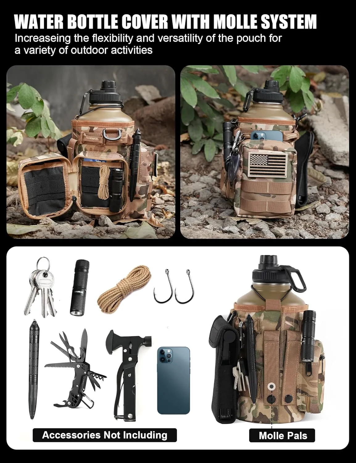 Tactical Half Gallon Water Bottle with Straw, 64 oz Insulated Water Jug with Molle Sleeve, Stainless Steel Sport Battle Bottle with 3 BPA Free Lids for Gym Workout Hiking (Brown)