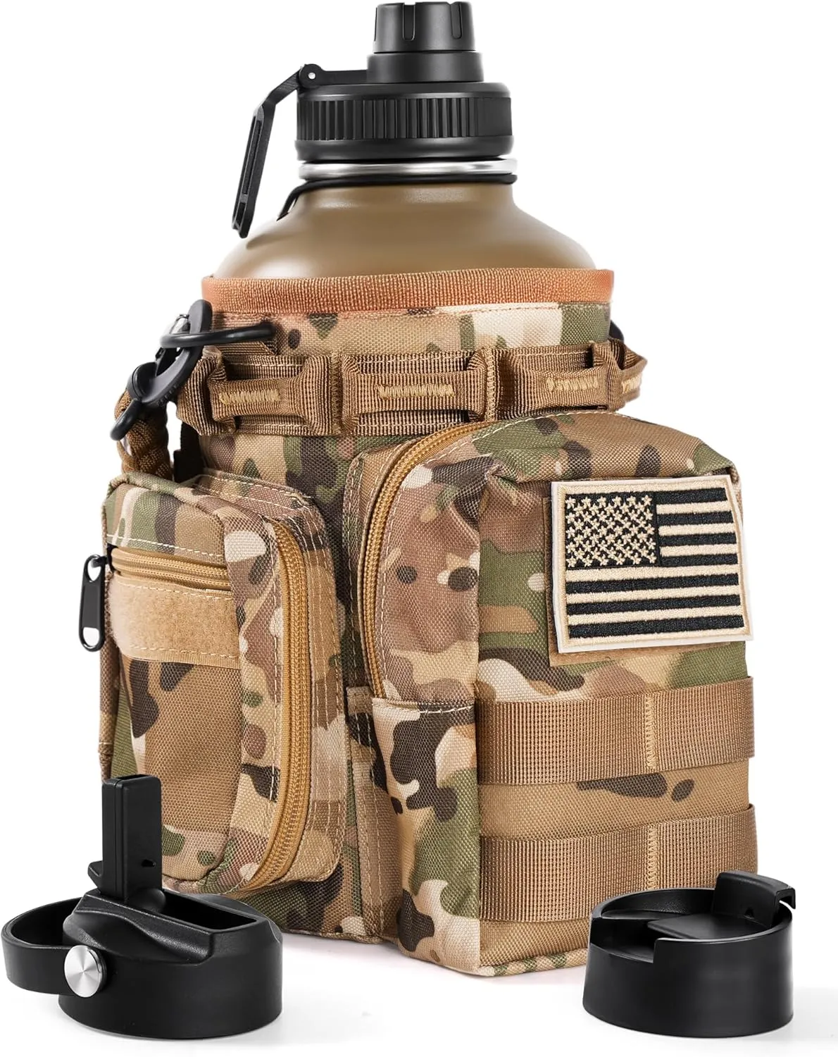 Tactical Half Gallon Water Bottle with Straw, 64 oz Insulated Water Jug with Molle Sleeve, Stainless Steel Sport Battle Bottle with 3 BPA Free Lids for Gym Workout Hiking (Brown)
