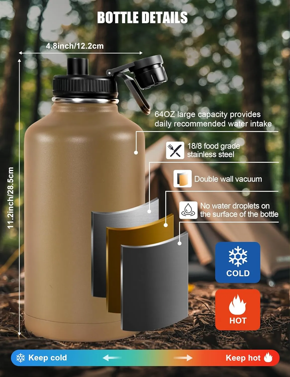 Tactical Half Gallon Water Bottle with Straw, 64 oz Insulated Water Jug with Molle Sleeve, Stainless Steel Sport Battle Bottle with 3 BPA Free Lids for Gym Workout Hiking (Brown)