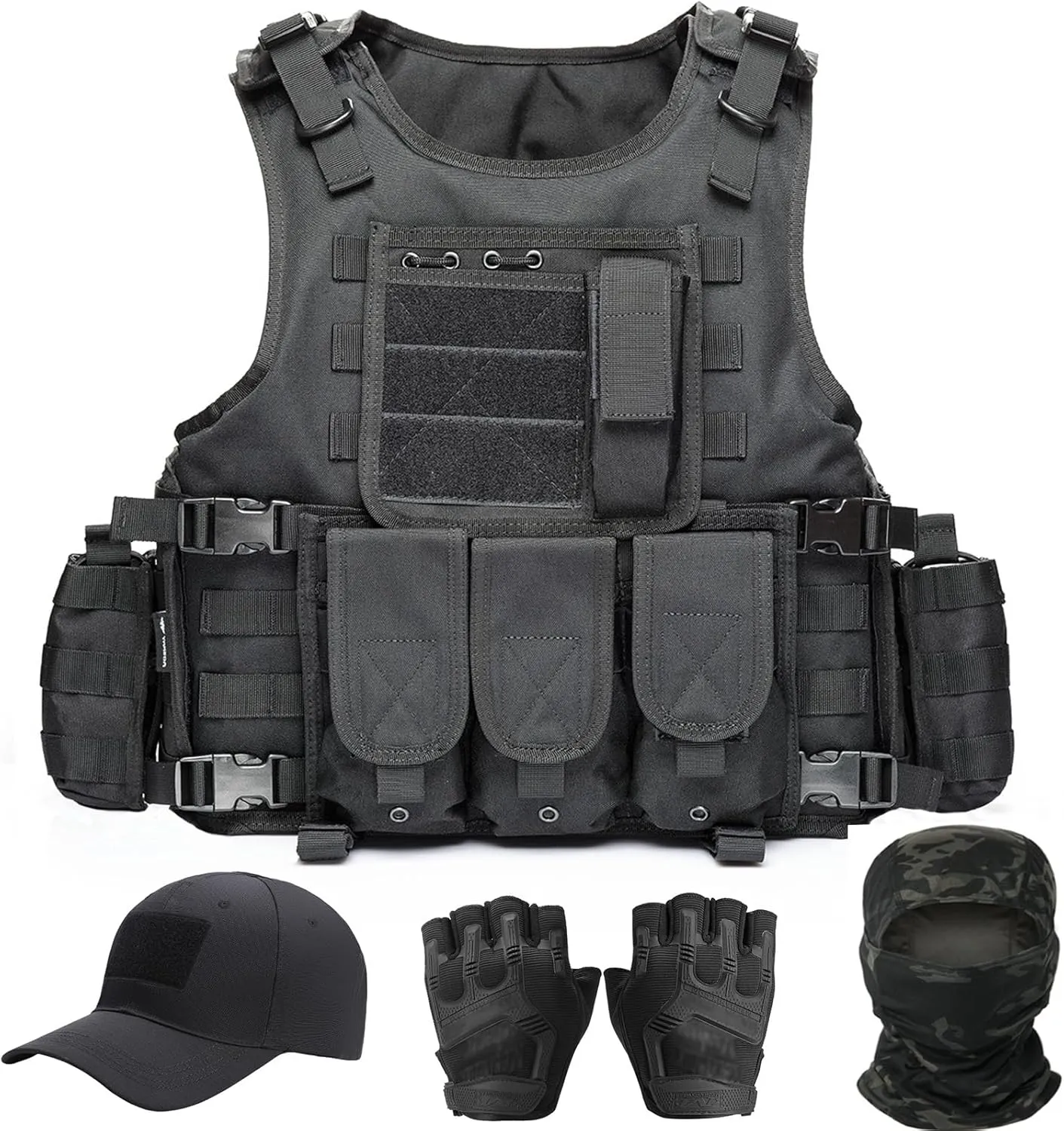 Tactical Vest for Men, Airsoft Vest, Black Molle Vest and Cap Protective Equipment, Tactical Airsoft Gear