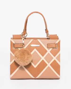 Tan Stephanie Diamond Square Tote Bag With Gold Hardware