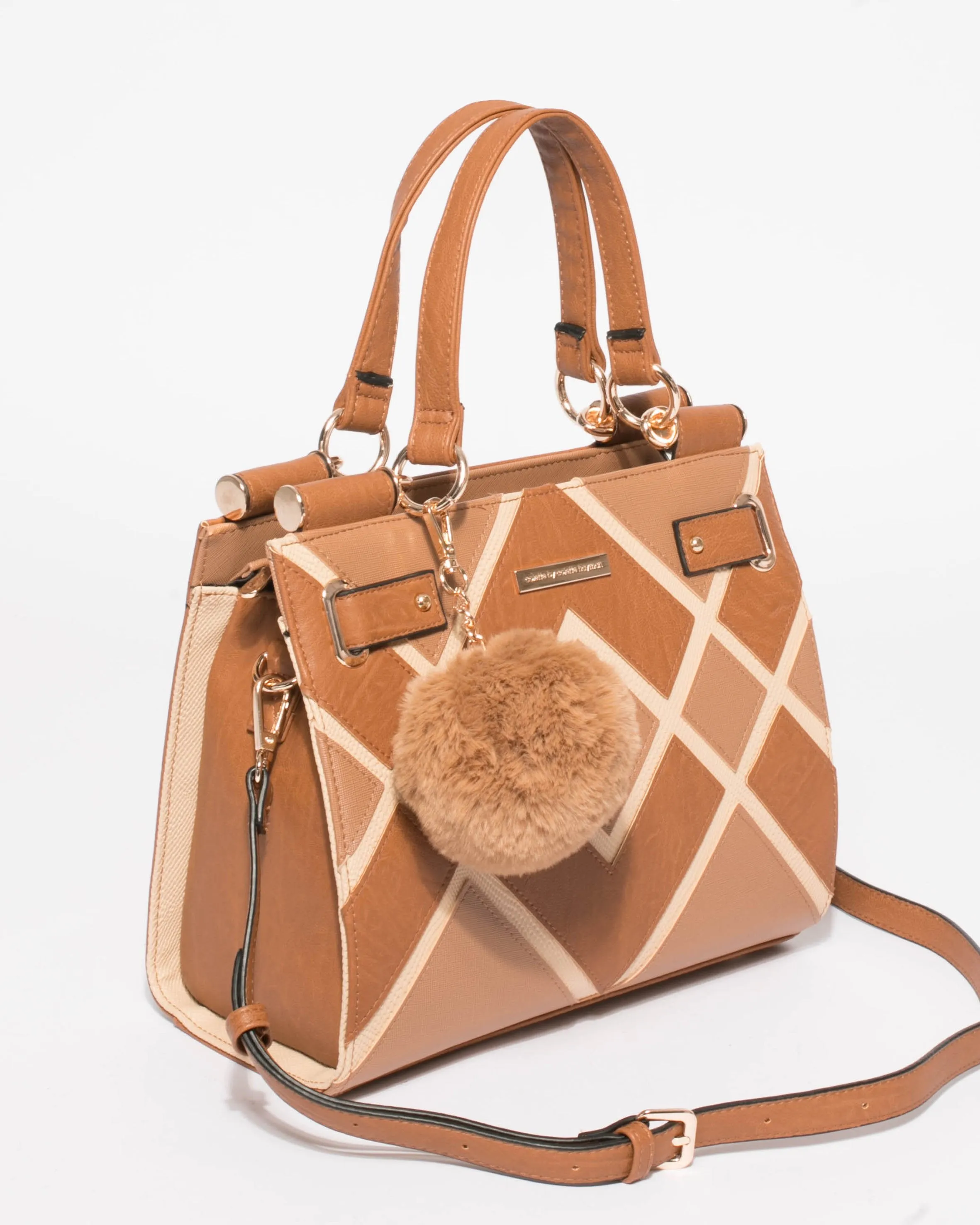 Tan Stephanie Diamond Square Tote Bag With Gold Hardware