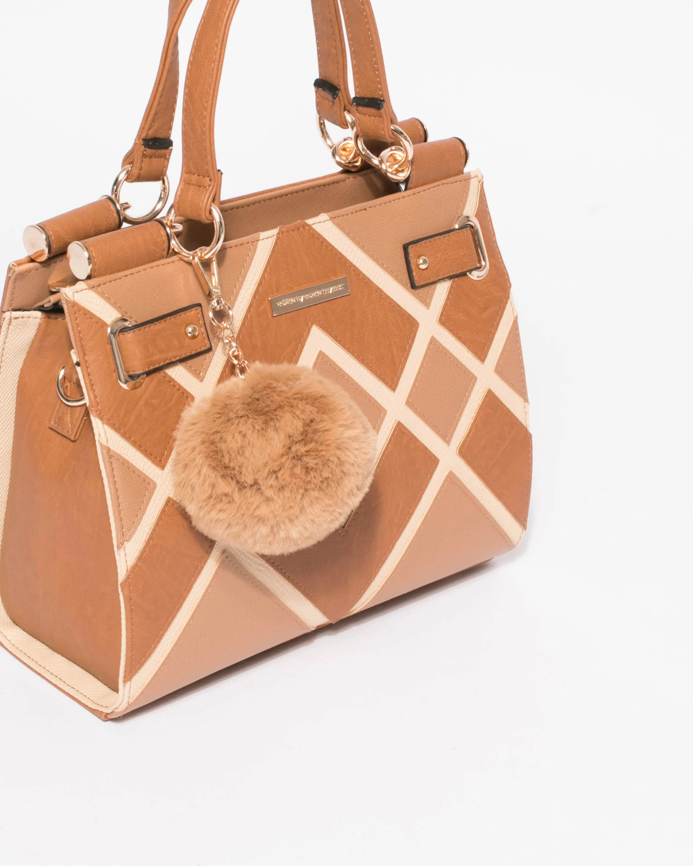 Tan Stephanie Diamond Square Tote Bag With Gold Hardware