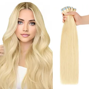 Tape in Hair Extensions Human Hair Bleach Blonde 100% Real Human Hair 16 inch 20pcs 40g/pack Straight Seamless Skin Weft Tape in Hair Exensions For Woman (16 Inch #613)