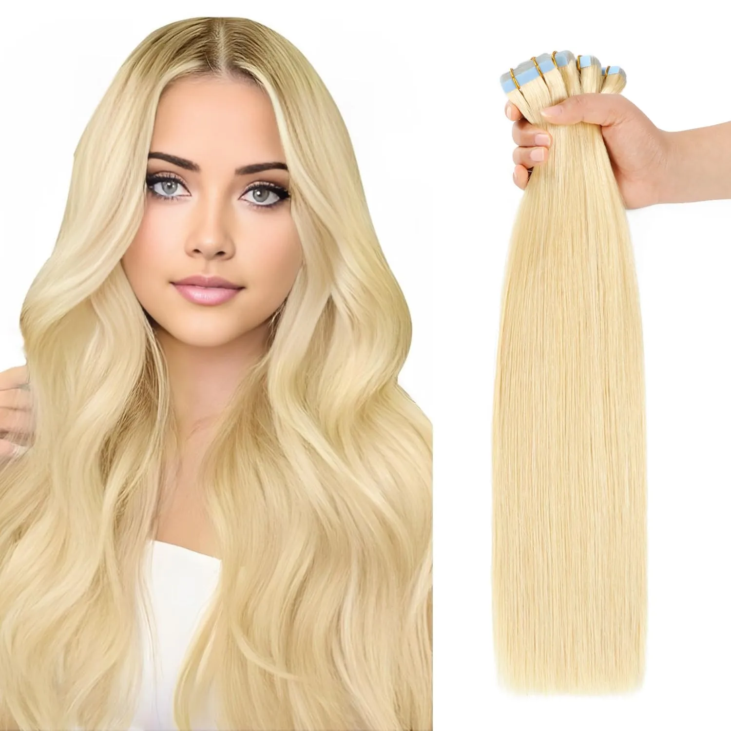 Tape in Hair Extensions Human Hair Bleach Blonde 100% Real Human Hair 16 inch 20pcs 40g/pack Straight Seamless Skin Weft Tape in Hair Exensions For Woman (16 Inch #613)