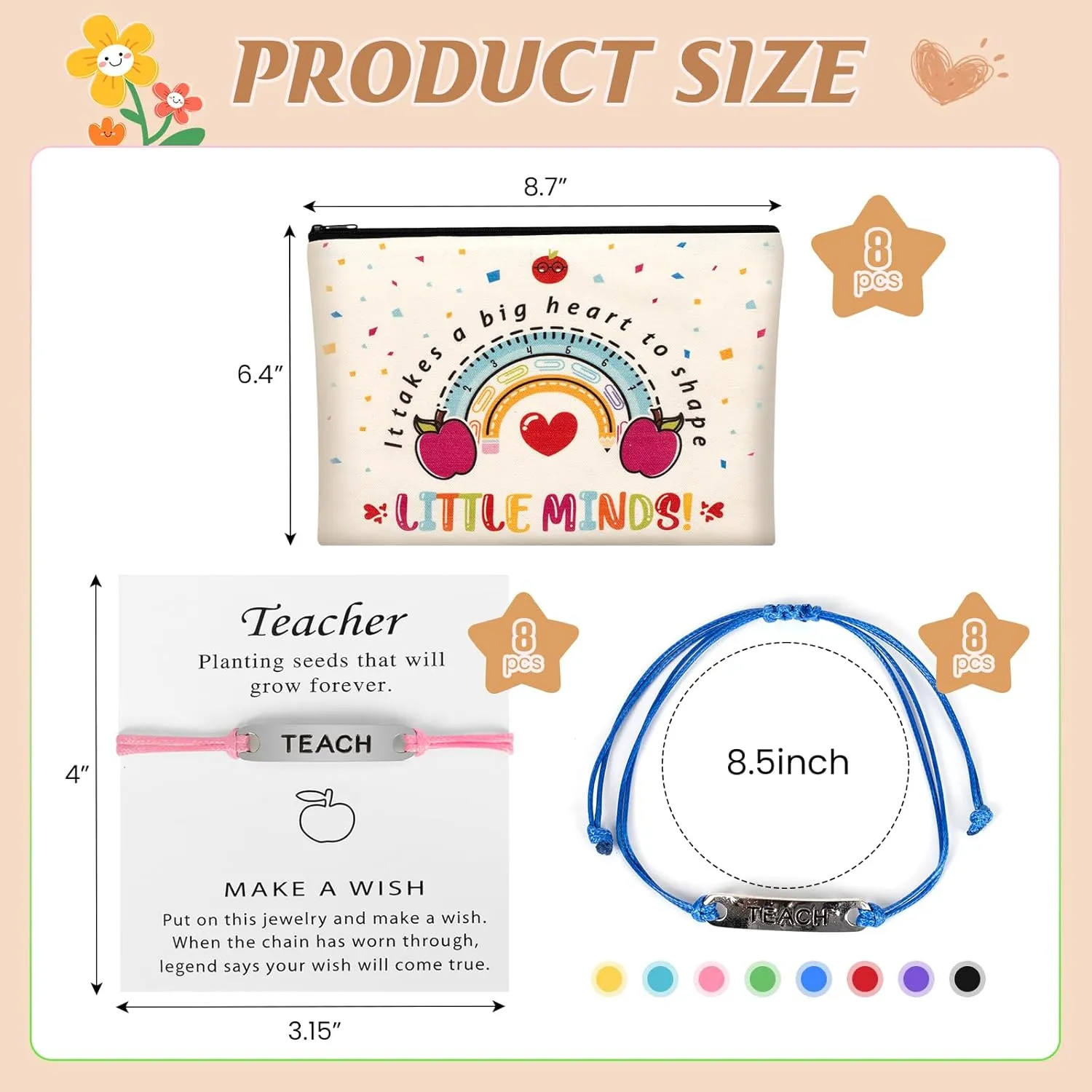 Teacher Appreciation Gifts, 8 Pcs Makeup Pouch Cosmetic Bag and 8 Pcs Teach Blessing Card Bracelets, Mother's Day Teachers' Day Graduation Thank You Gift for Teacher