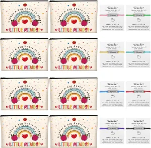 Teacher Appreciation Gifts, 8 Pcs Makeup Pouch Cosmetic Bag and 8 Pcs Teach Blessing Card Bracelets, Mother's Day Teachers' Day Graduation Thank You Gift for Teacher