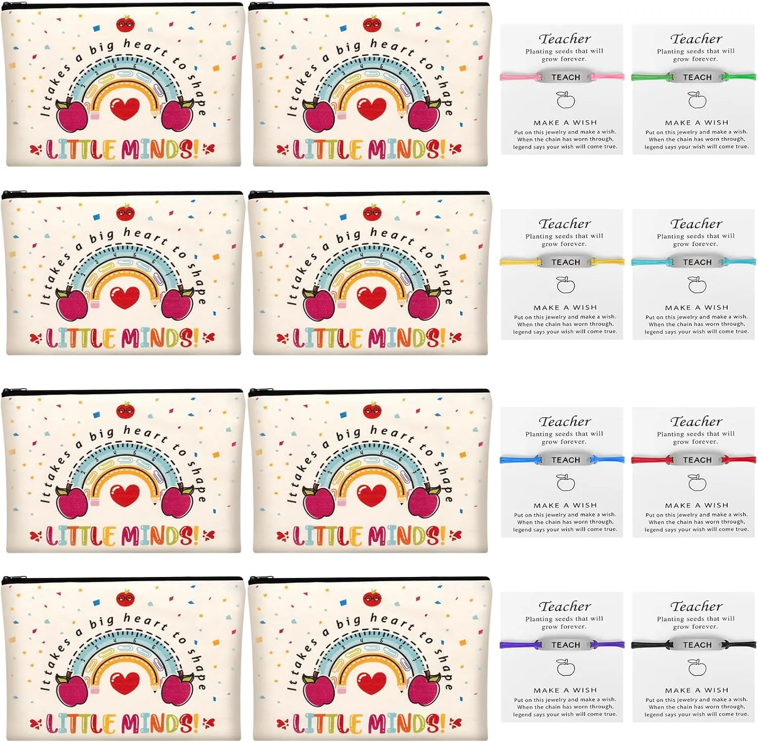 Teacher Appreciation Gifts, 8 Pcs Makeup Pouch Cosmetic Bag and 8 Pcs Teach Blessing Card Bracelets, Mother's Day Teachers' Day Graduation Thank You Gift for Teacher