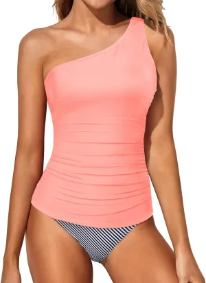 Tempt Me Two Piece Tankini Set Swimsuits for Women Tummy Control Bathing Suit One Shoulder Swimwear with Bikini Bottoms
