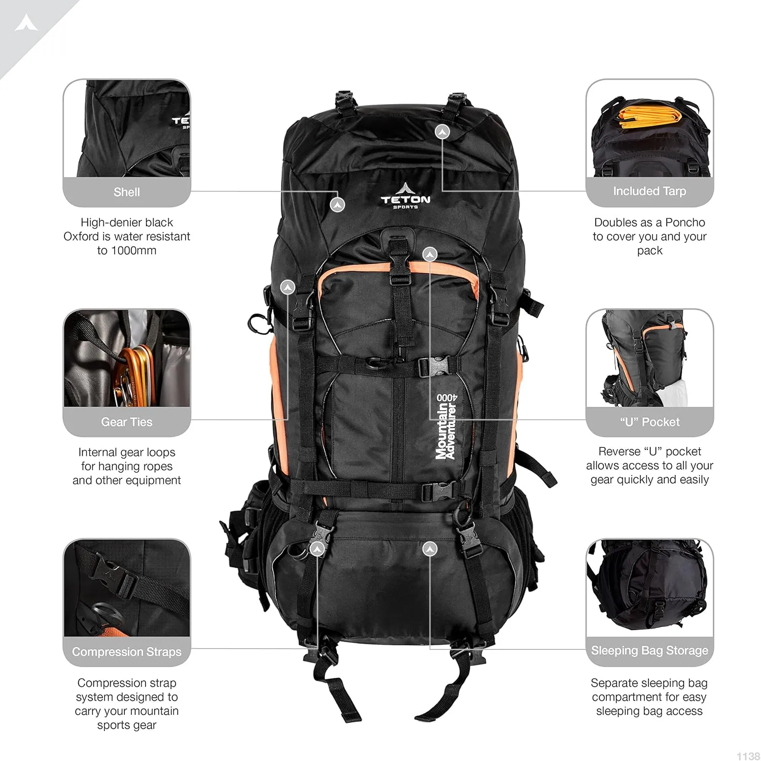 TETON Sports Mountain Adventurer 4000 Ultralight Plus Backpack; Lightweight Hiking Backpack for Camping, Hunting, Travel, and Outdoor Sports , 27" x 12" x 10" , Black, 65 Liters