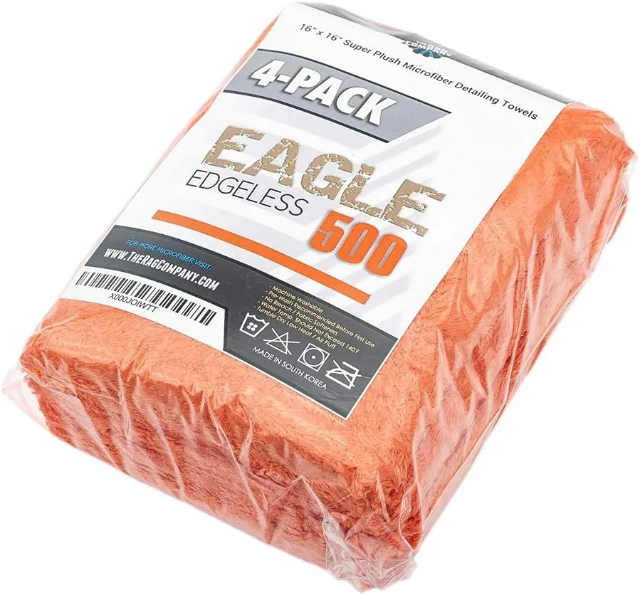 The Rag Company - Eagle Edgeless 500 (4-Pack) Professional Korean 70/30 Blend Super Plush Microfiber Detailing Towels, 500GSM, 16in x 16in, Orange