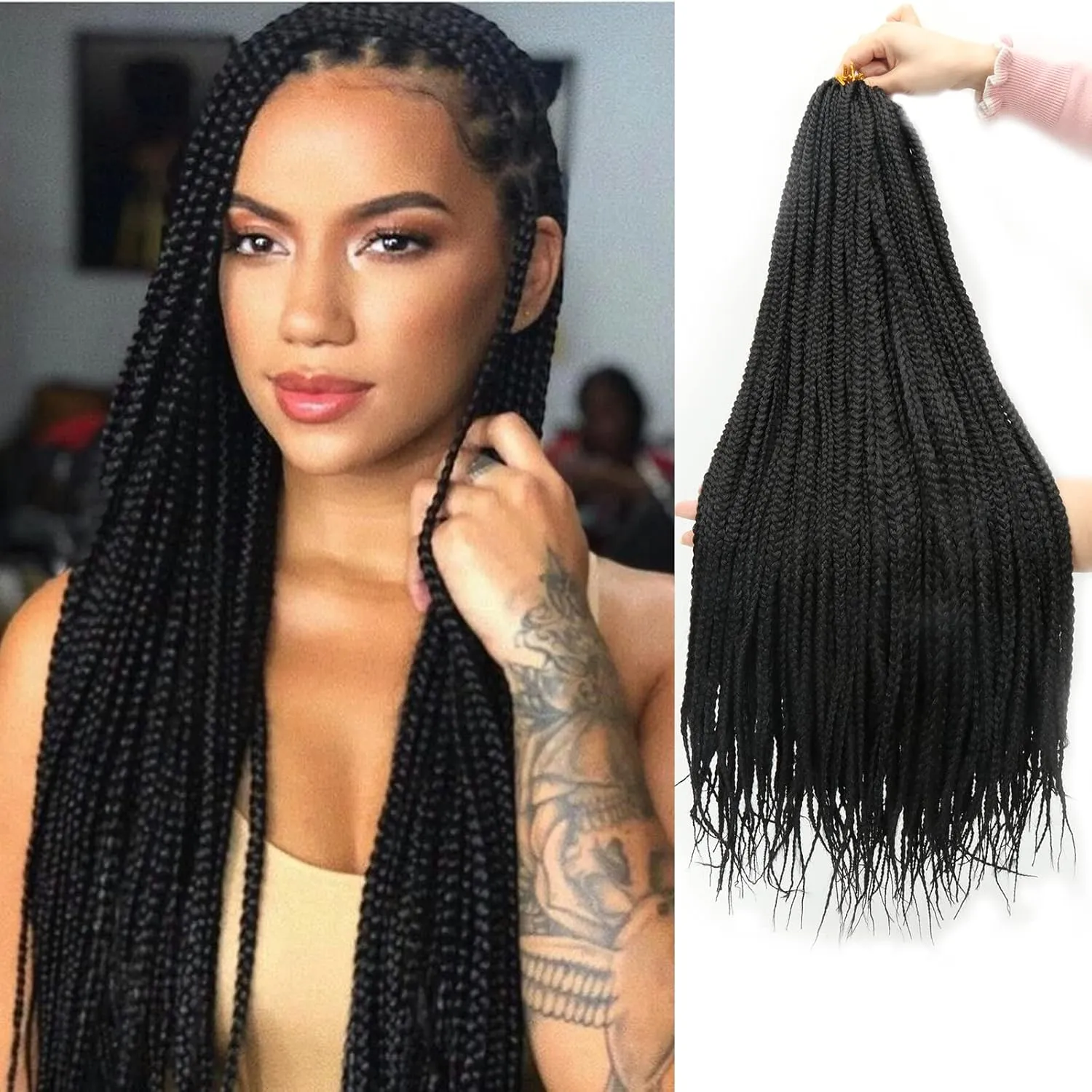 THEMIS HAIR Box Braids Crochet Hair 24 Inch 6 Bundles Straight Pre-Looped Handmade Braids Synthetic Medium Crochet Knotless Braiding Hair Extensions for Black Women(24 Inch, Black 1B)