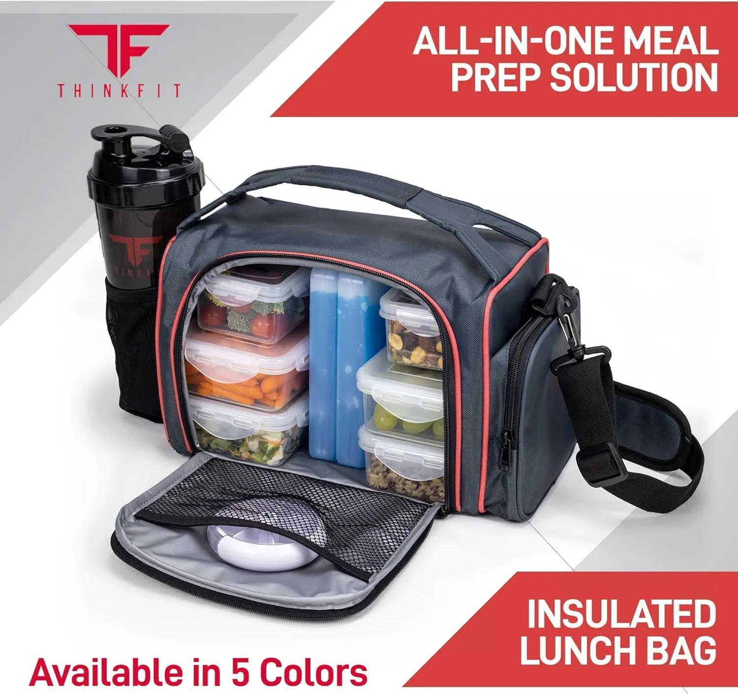 ThinkFit Red Reusable Lunch Bag with 6 Portion Control Containers, 2 XL Ice Packs, Pill Box, and Shoulder Strap - Microwavable and Freezer Safe