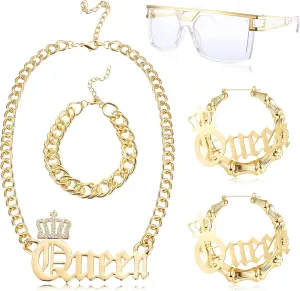 THUNARAZ 80s/90s Hip Hop Queen Costume Kit for Women Rapper DJ Punk Rapper Costume Jewelry Accessories Set