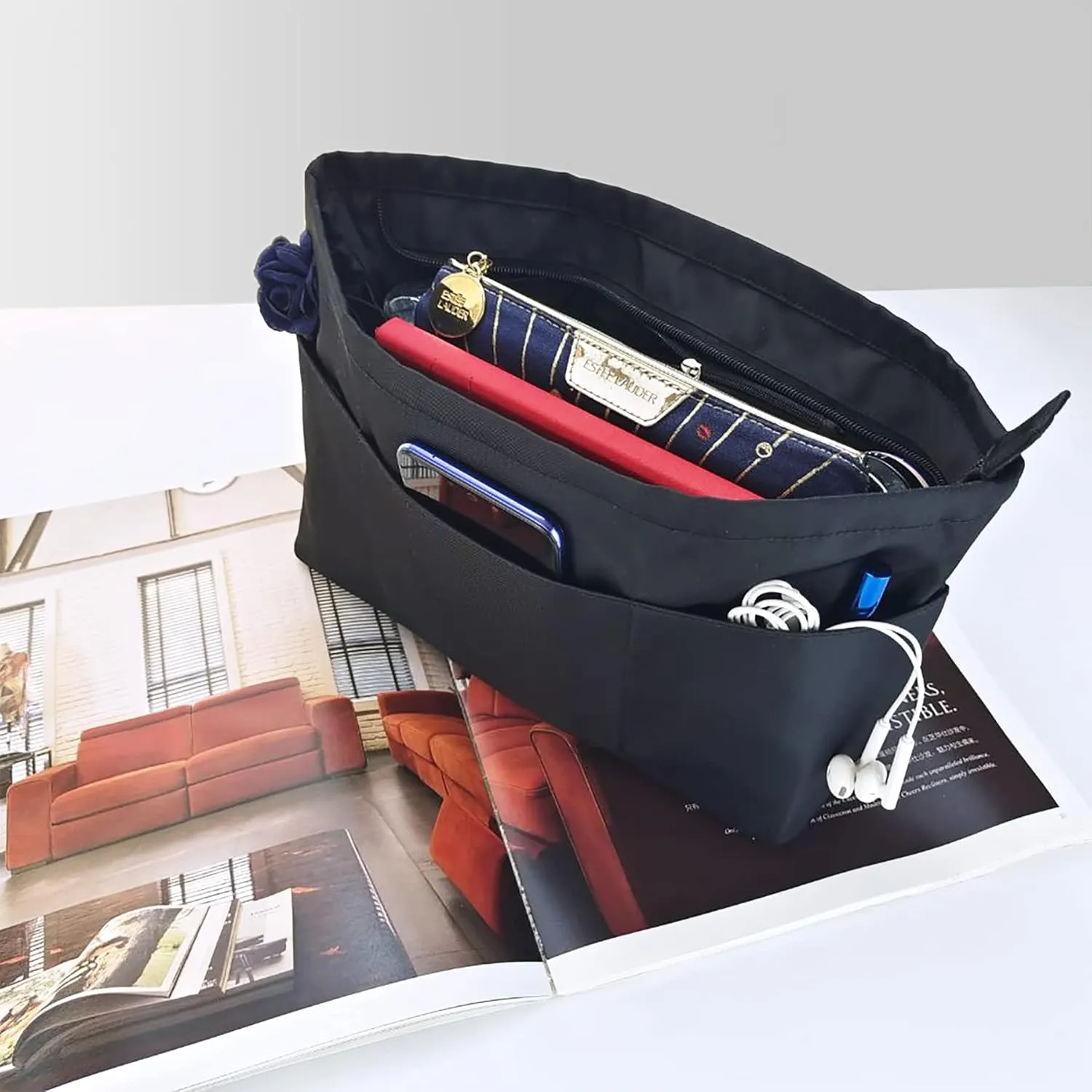 Time Wing Purse Organizer Insert Tote Handbag Organizer Divider Bag in Bag Shaper Liner Multi Pockets Compartments Zippers Key Chain Large Black