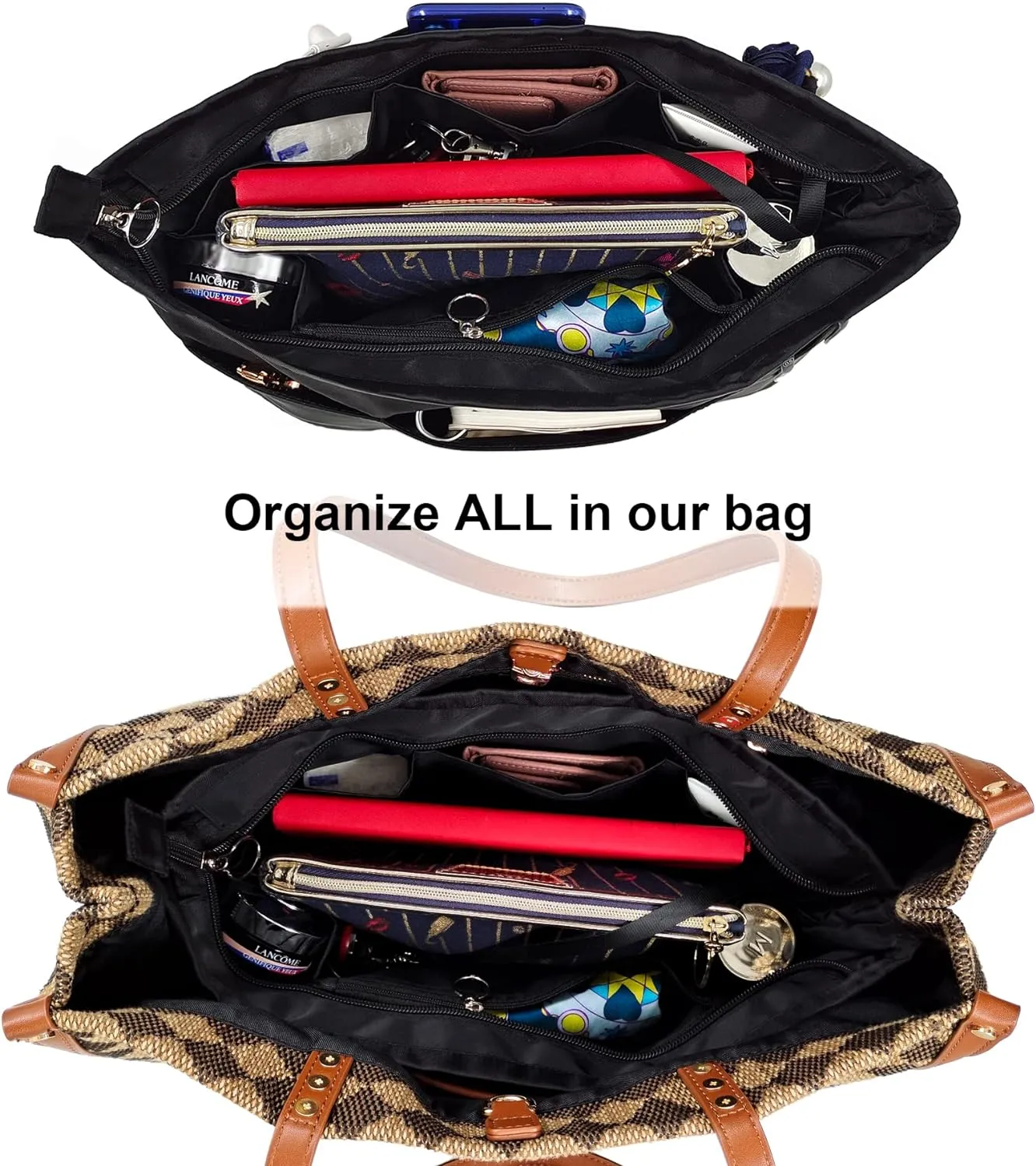 Time Wing Purse Organizer Insert Tote Handbag Organizer Divider Bag in Bag Shaper Liner Multi Pockets Compartments Zippers Key Chain Large Black