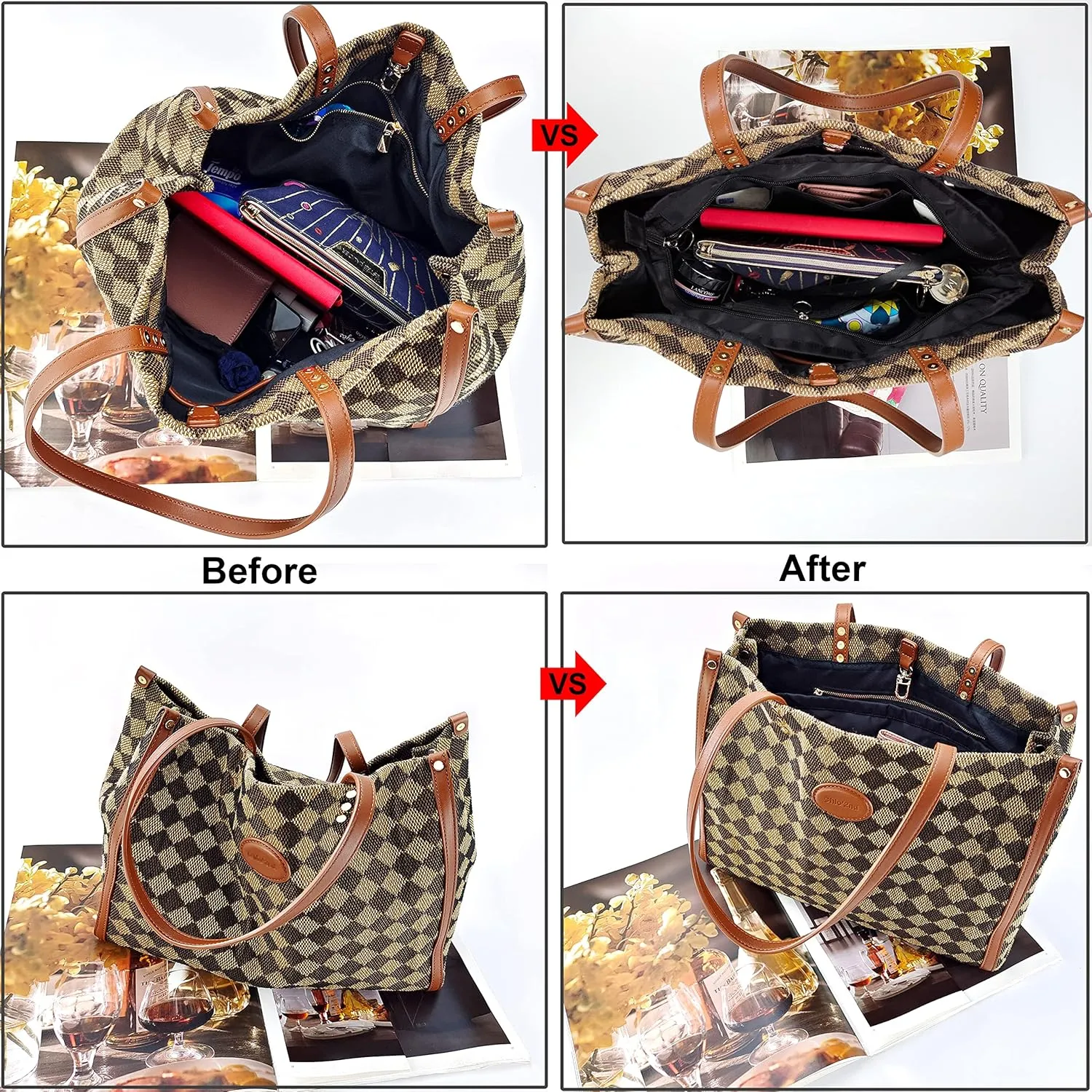Time Wing Purse Organizer Insert Tote Handbag Organizer Divider Bag in Bag Shaper Liner Multi Pockets Compartments Zippers Key Chain Large Black