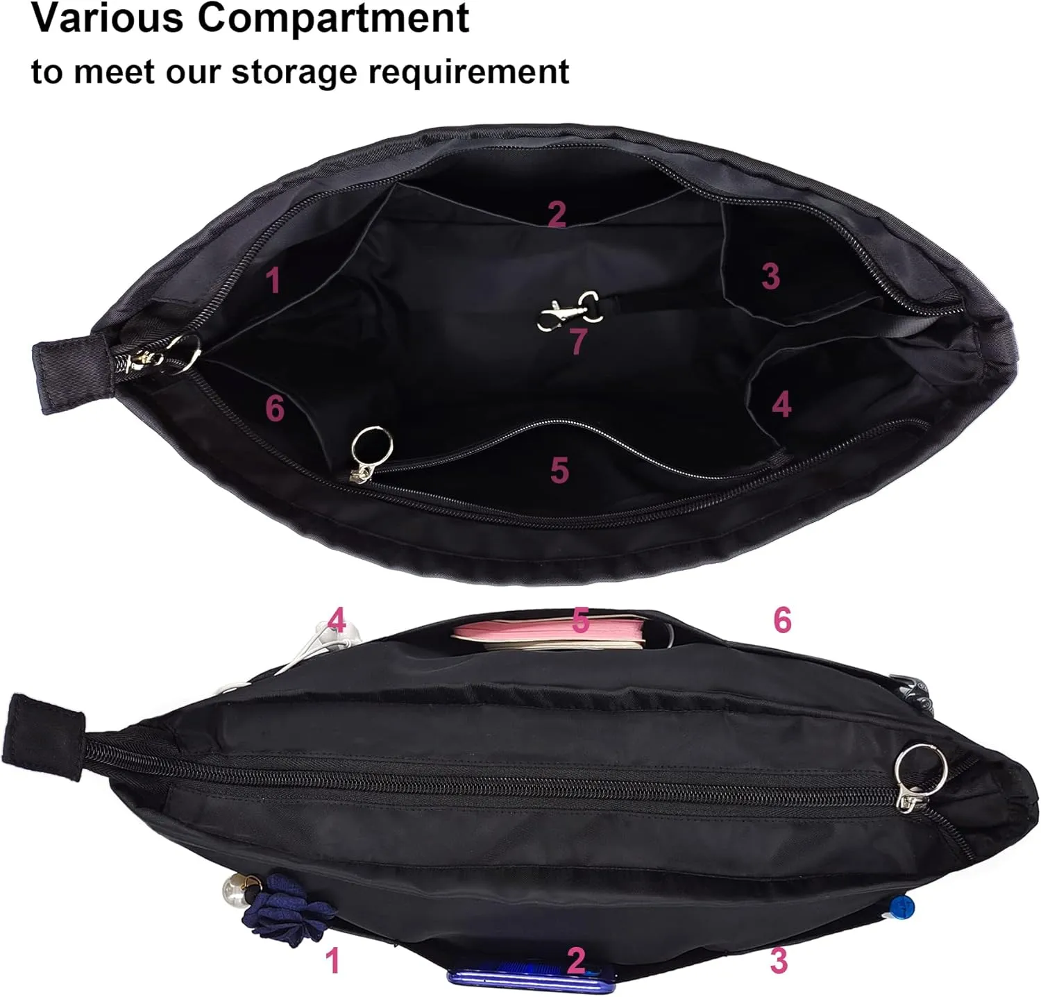 Time Wing Purse Organizer Insert Tote Handbag Organizer Divider Bag in Bag Shaper Liner Multi Pockets Compartments Zippers Key Chain Large Black