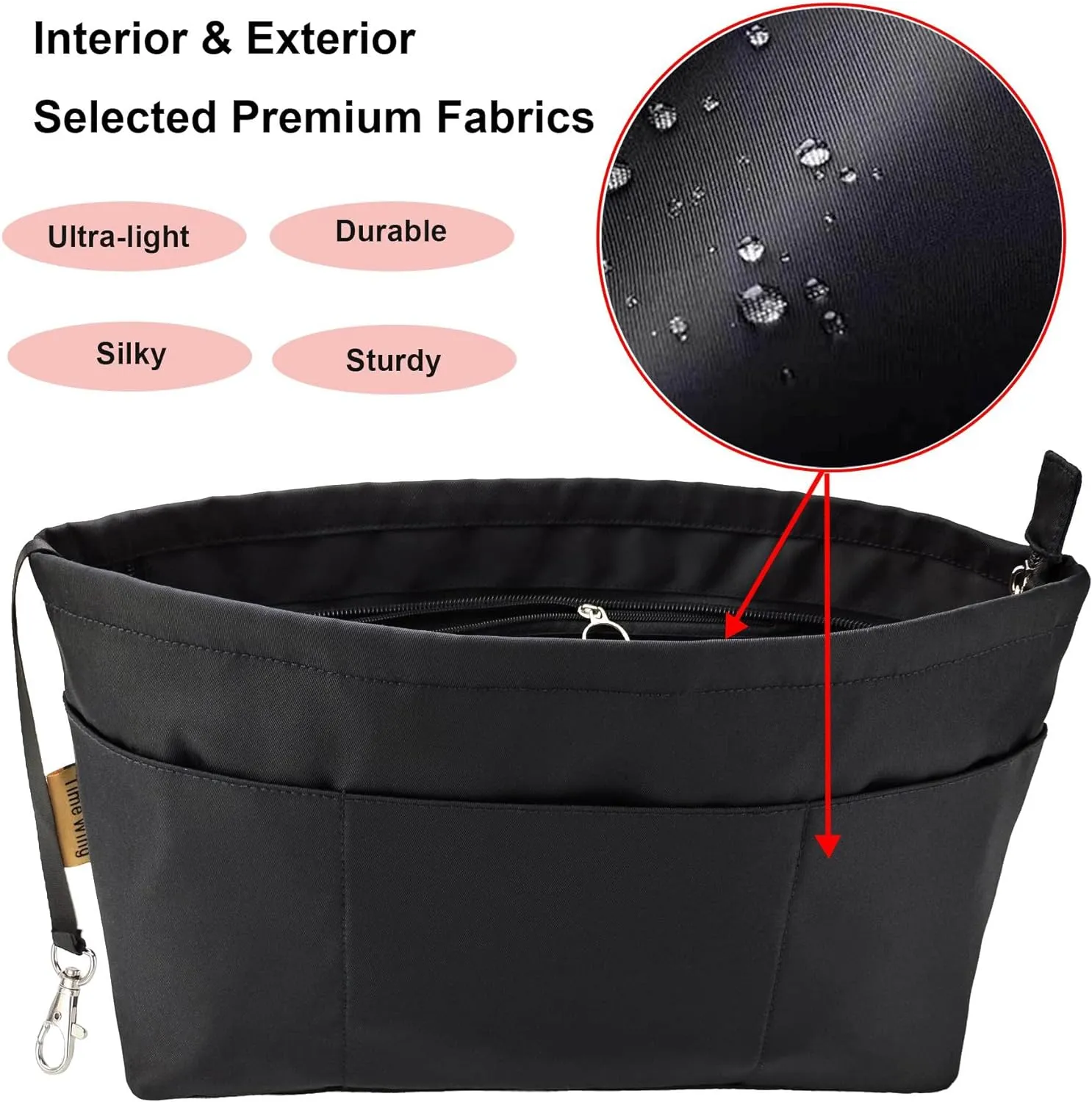 Time Wing Purse Organizer Insert Tote Handbag Organizer Divider Bag in Bag Shaper Liner Multi Pockets Compartments Zippers Key Chain Large Black