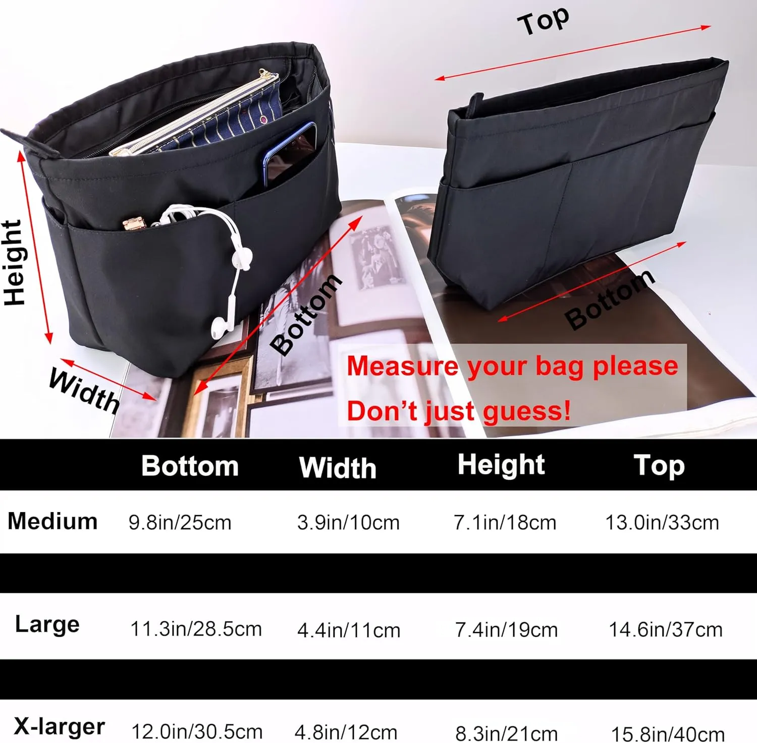 Time Wing Purse Organizer Insert Tote Handbag Organizer Divider Bag in Bag Shaper Liner Multi Pockets Compartments Zippers Key Chain Large Black
