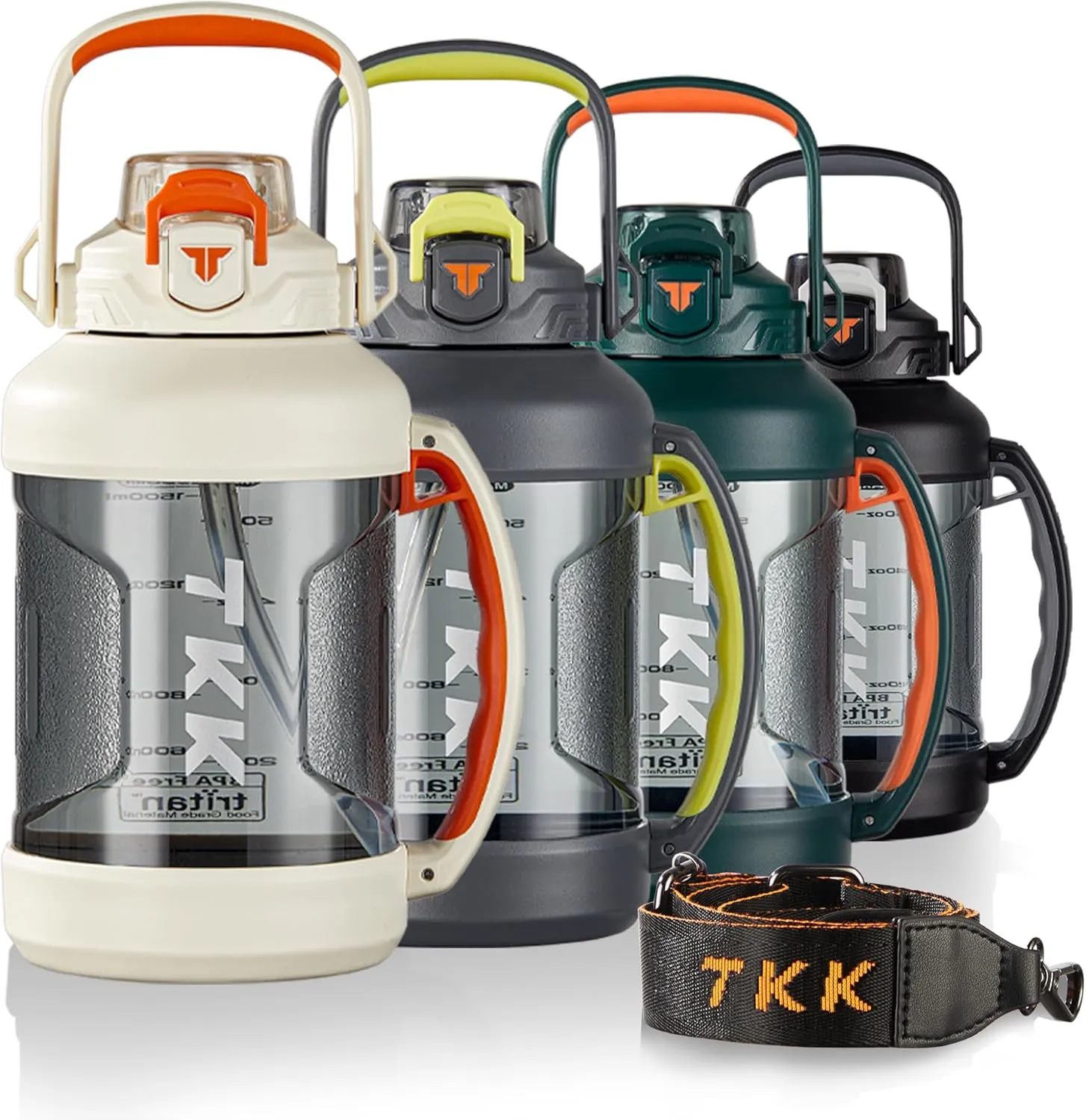 TKK Half Gallon Water Jug Sport Bottle with Straw 2 in 1 Lid Dishwasher Safe BPA Free Leakproof Large Capacity Tritan Plastic Bottle 1/2 Gallon 64oz Water Bottle for Gym Travel Camping Outdoor, White