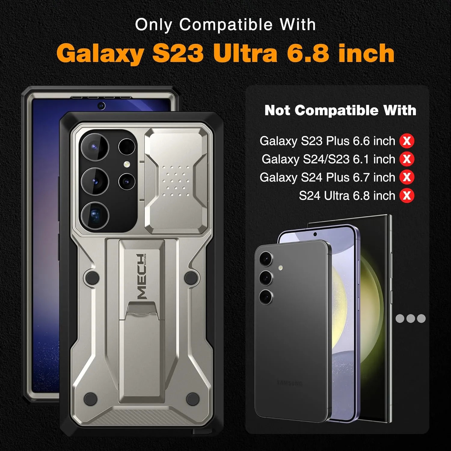 TONGATE for Samsung Galaxy S23 Ultra Case, [Built-in Slide Camera Cover & Screen Protector] [2 Front Frame] Military Shockproof S23 Ultra Phone Case with Kickstand & Belt-Clip 6.8", Titanium Gray
