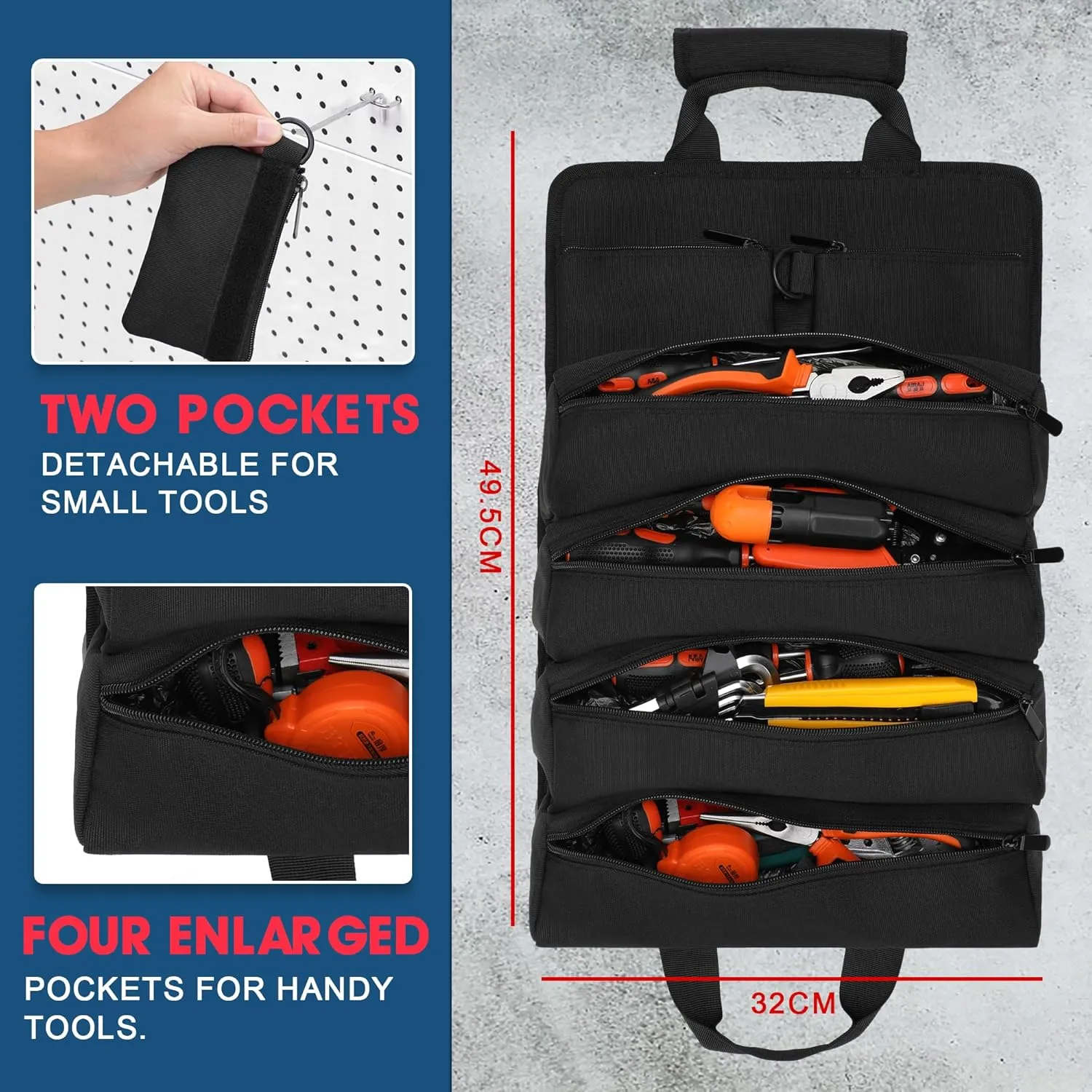 Tool Bag, Roll Up Small Tools Box Storage, Heavy Duty Tool Organizer with 2 Detachable Tool Pouch, Tool Gifts for Men Dad Husband Boyfriend Grandpa, Presents for Fathers Day Birthday (Black)