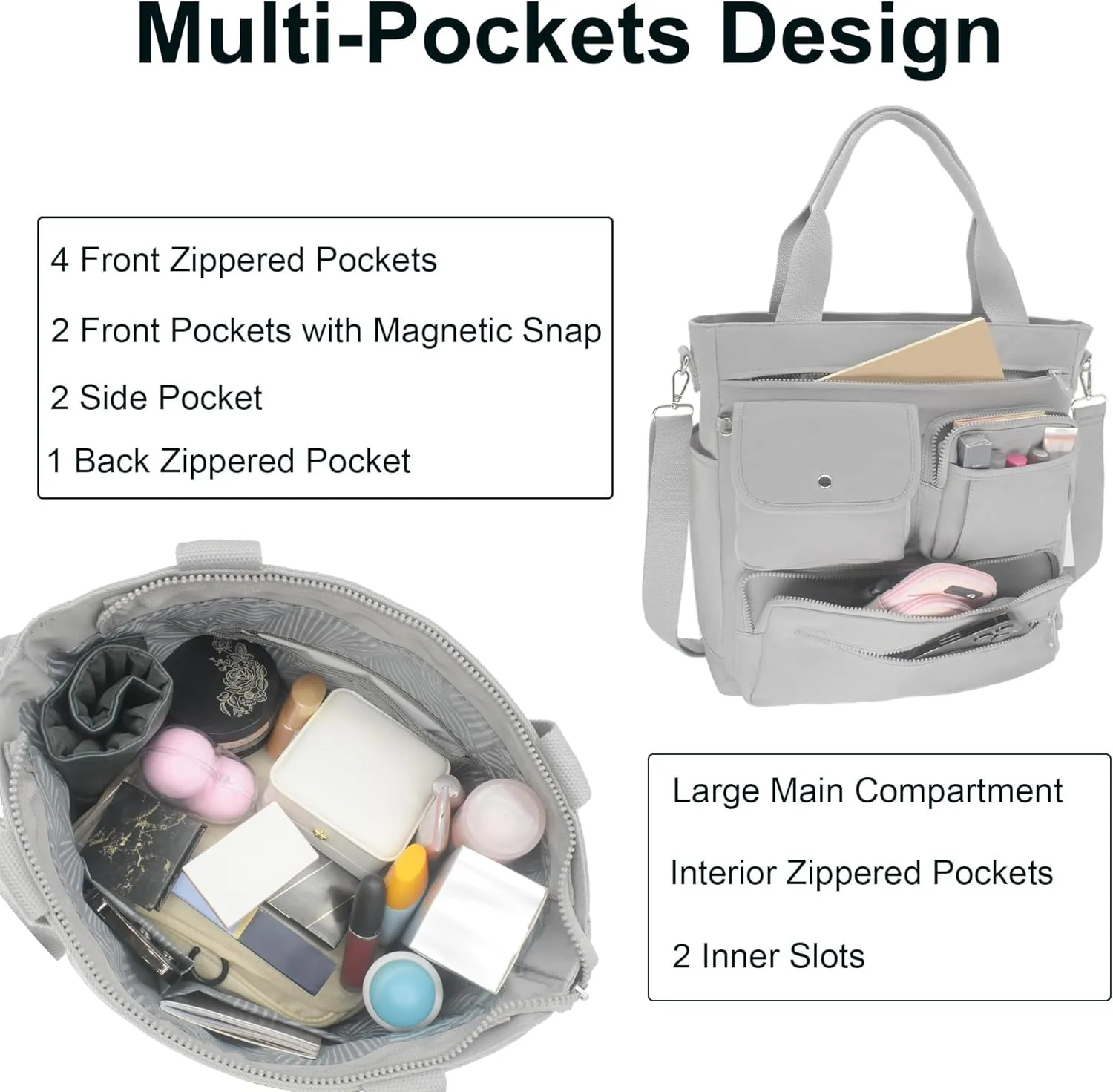 Tote Bag for Woman, Large Tote Bag with Multi Pockets, Work Shoulder Bag with Zipper for Office, Travel, Waterproof