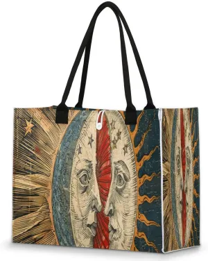 Tote Bag for Women Beach Bag Woodcut Sun Moon Portable Waterproof Handbag Reusable Grocery Bags for Travel Gym Shopping
