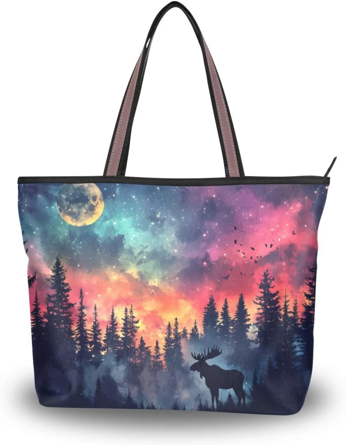Tote Bag for Women Forest Moose Aurora Durable Designer Handbag with Zipper for Daily Use Travel L