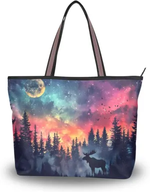 Tote Bag for Women Forest Moose Aurora Durable Designer Handbag with Zipper for Daily Use Travel L