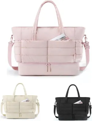 Tote Bag for Women, Puffer Bag and Work Bags with Zipper for Travel, Daily, School, Quilted Nurse Shoulder (pink)