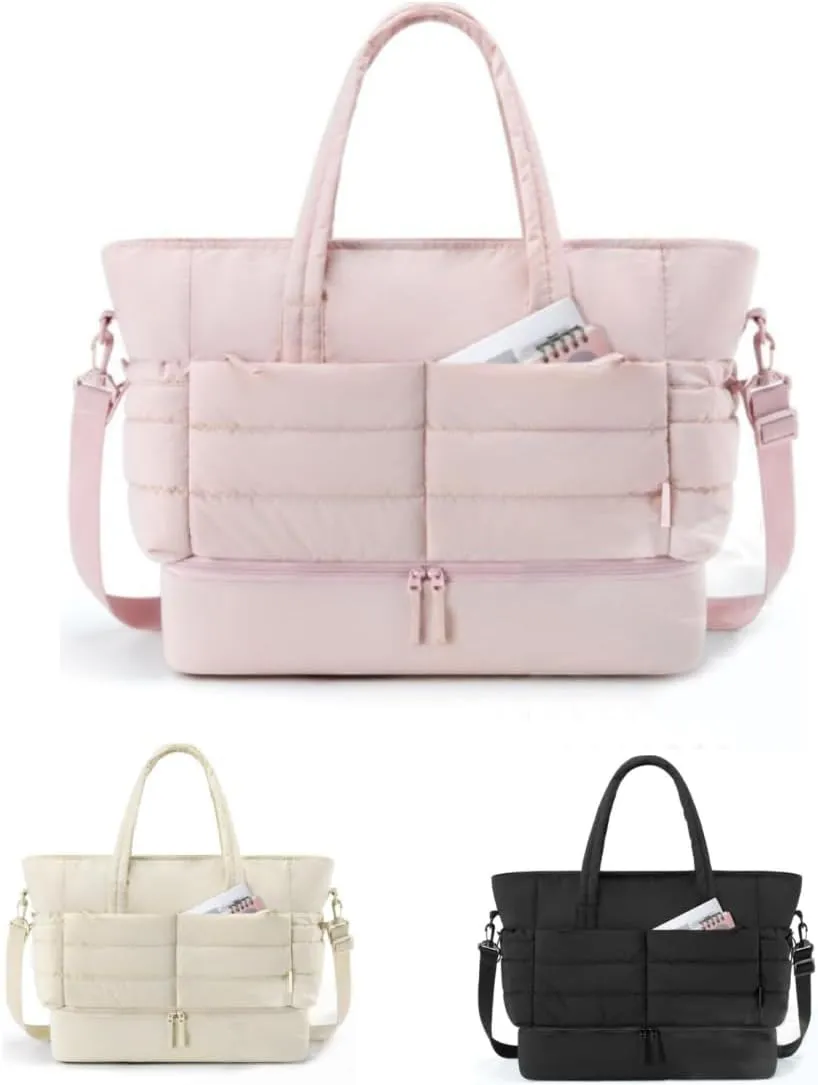 Tote Bag for Women, Puffer Bag and Work Bags with Zipper for Travel, Daily, School, Quilted Nurse Shoulder (pink)
