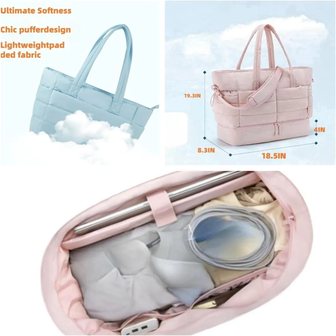 Tote Bag for Women, Puffer Bag and Work Bags with Zipper for Travel, Daily, School, Quilted Nurse Shoulder (pink)