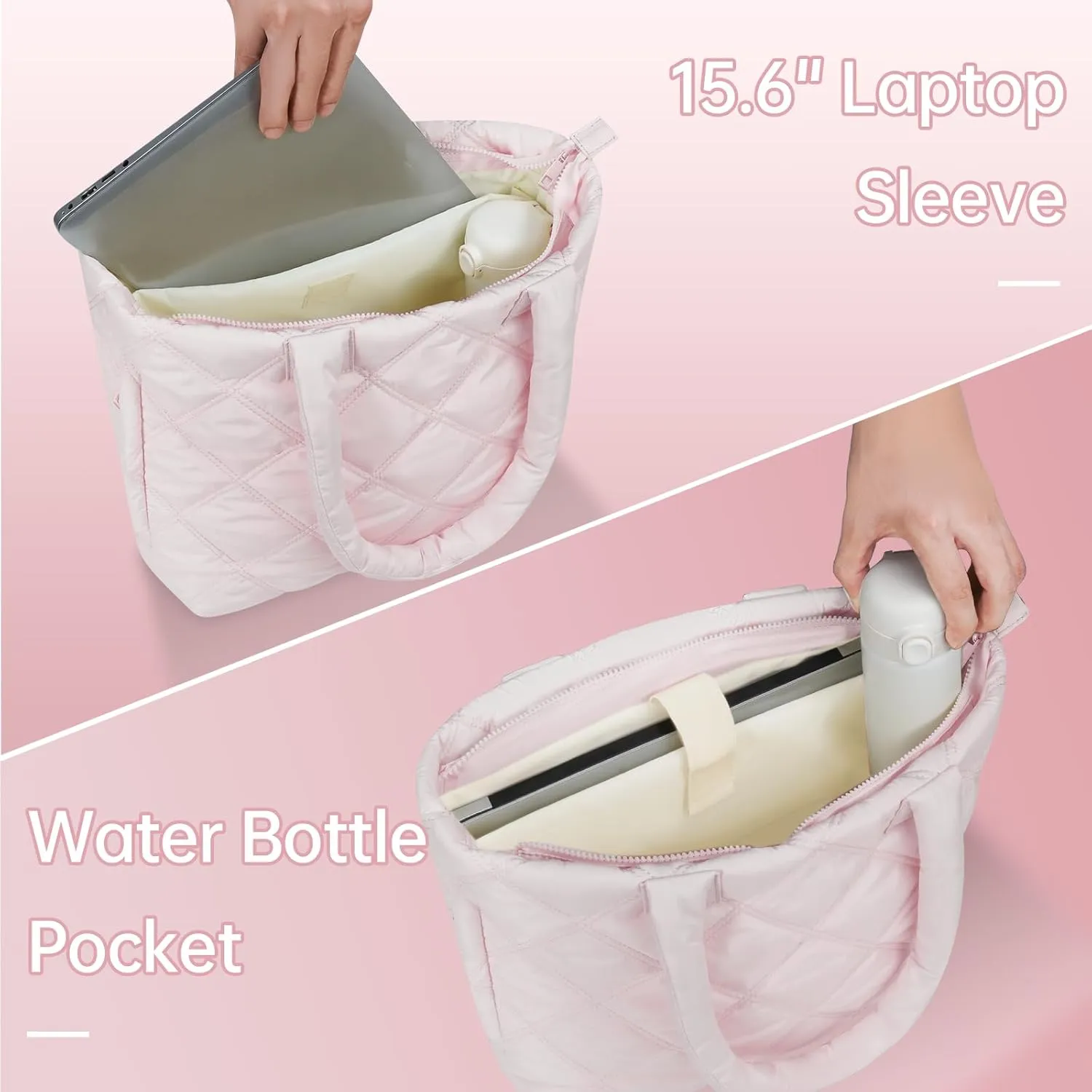 Tote Bag for Women, Puffer Bag with 15.6 Inch Compartment and Multi Pocket for Travel, Work, Gym